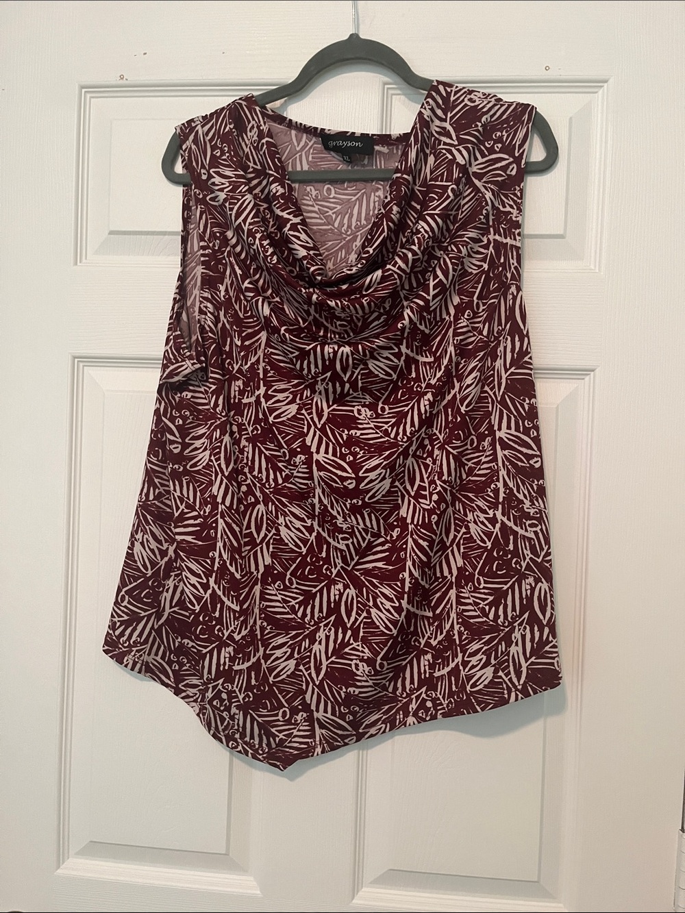 Draped Cowl Neck Leaf-Print Tank Top - Wine/Gray